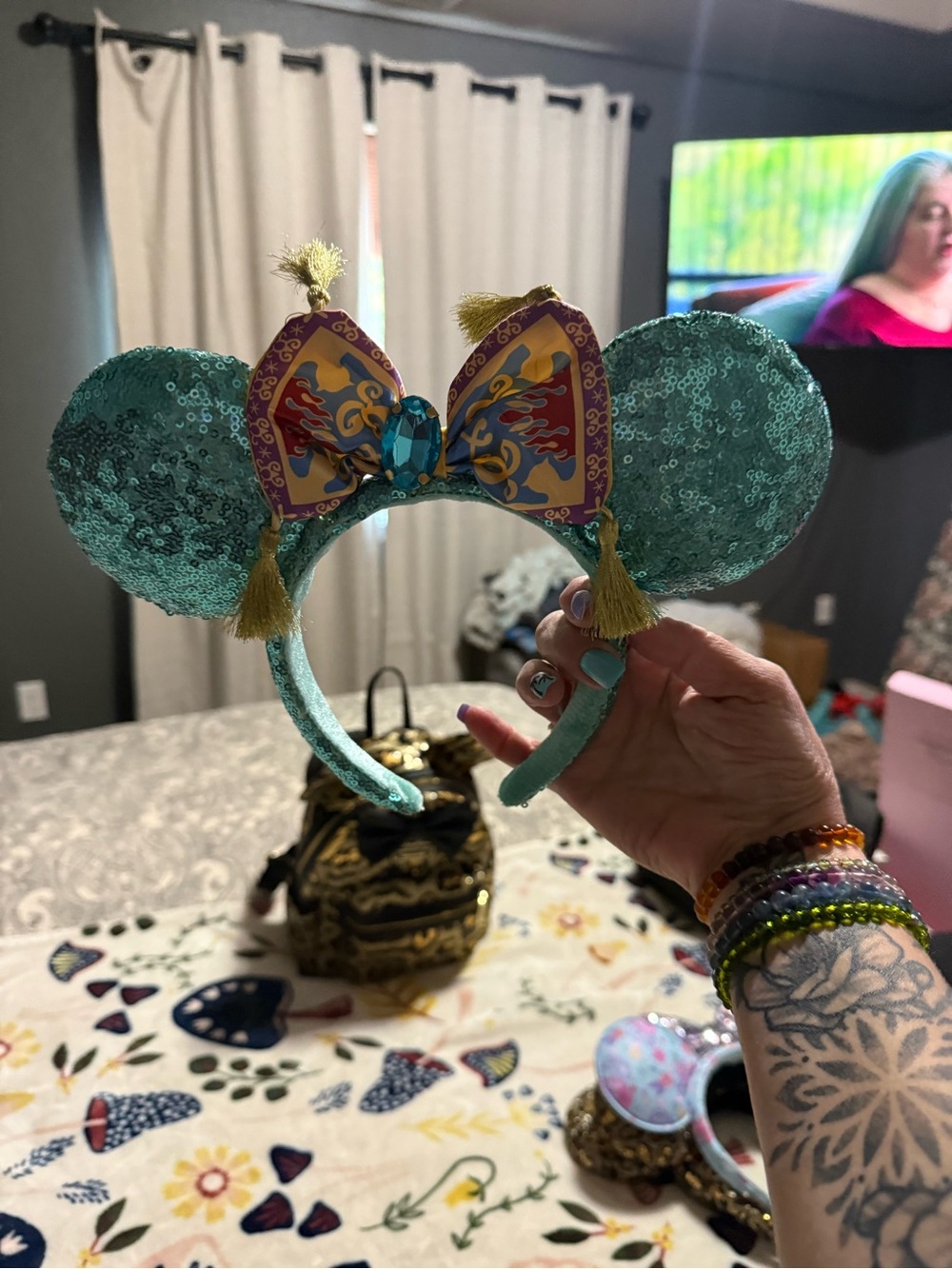 Disney Teal Sequin Minnie Ear Headband with Multicolor Patterned Bow